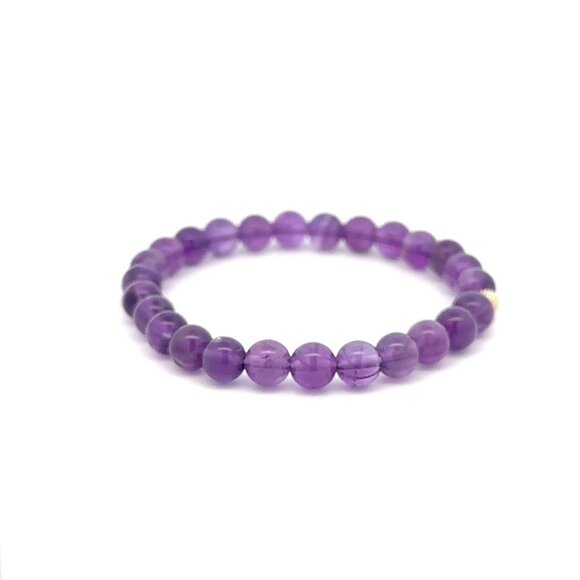 Natural Gemstones Amethyst 6mm Stretchable Bracelet 14k Gold Corrugated Bead - Picture 5 of 6